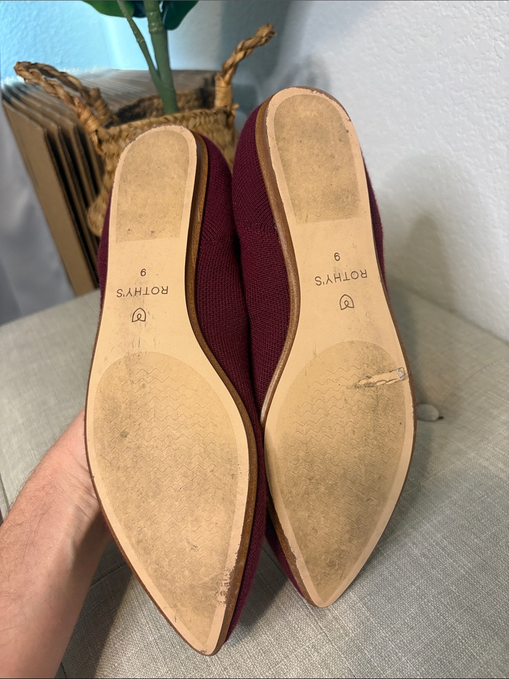 Rothy's Merino Wool Burgundy the pointe size 9 Pointed Knit Flats with Pink Trim - Picture 5 of 8